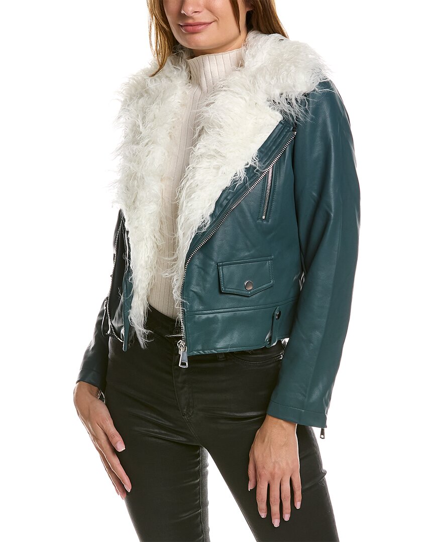 Noize Women's Suren Faux Fur Collar Faux Leather Biker Jacket In Green