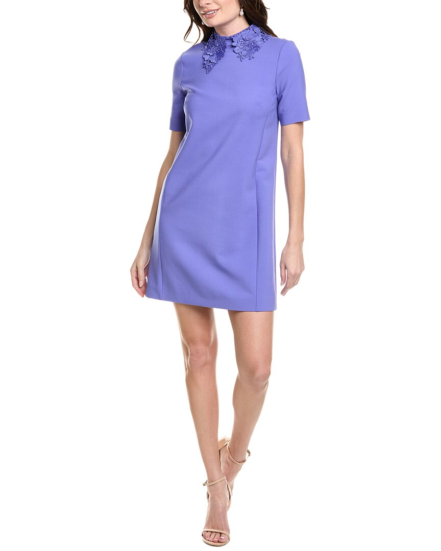 Oscar De La Renta Guipure Lace-trimmed Wool-blend Crepe Mini Dress In Purple