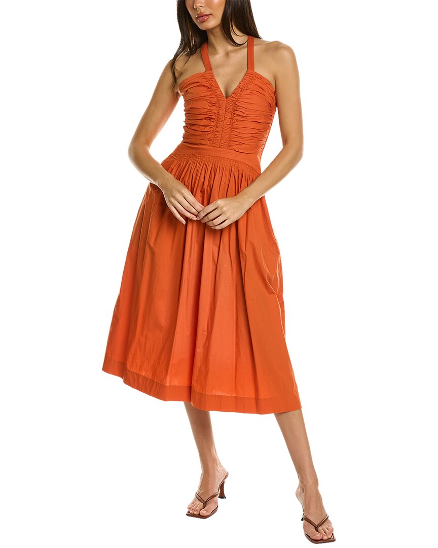 Ulla Johnson Laurelin Ruched Cotton-poplin Midi Dress In Orange | ModeSens