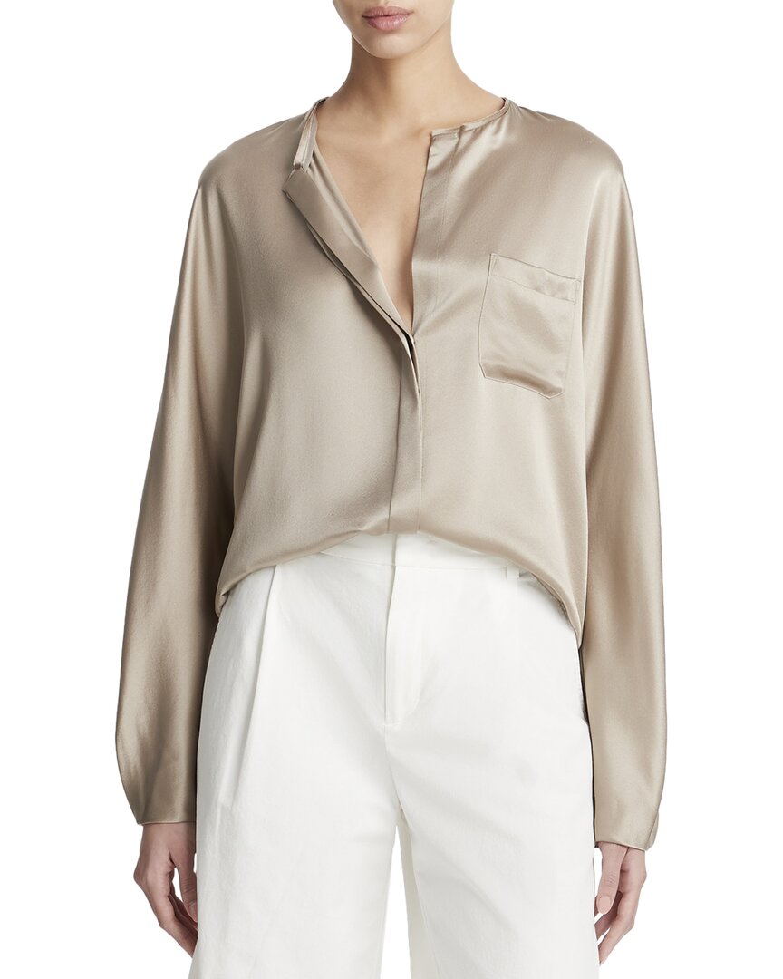 VINCE VINCE RAW EDGE TRIM BUTTON FRONT SILK BLOUSE