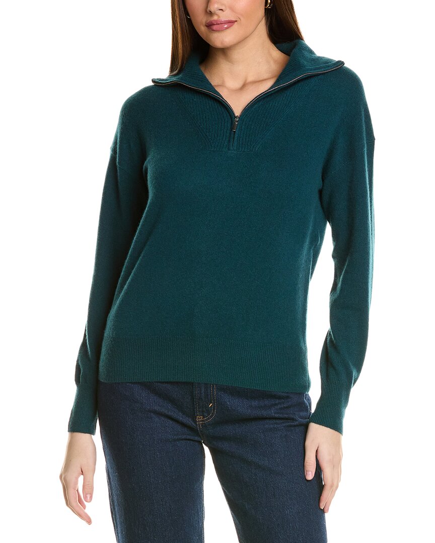 Amicale Cashmere Rib Detail 1/4-zip Cashmere Pullover In Green