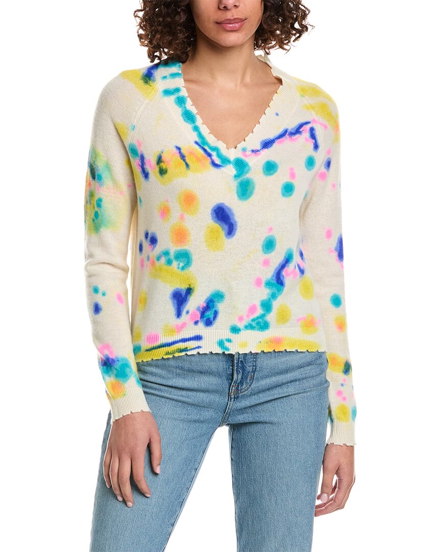 Shop Minnie Rose Frayed Printed Tie-dye Cashmere Sweater In White