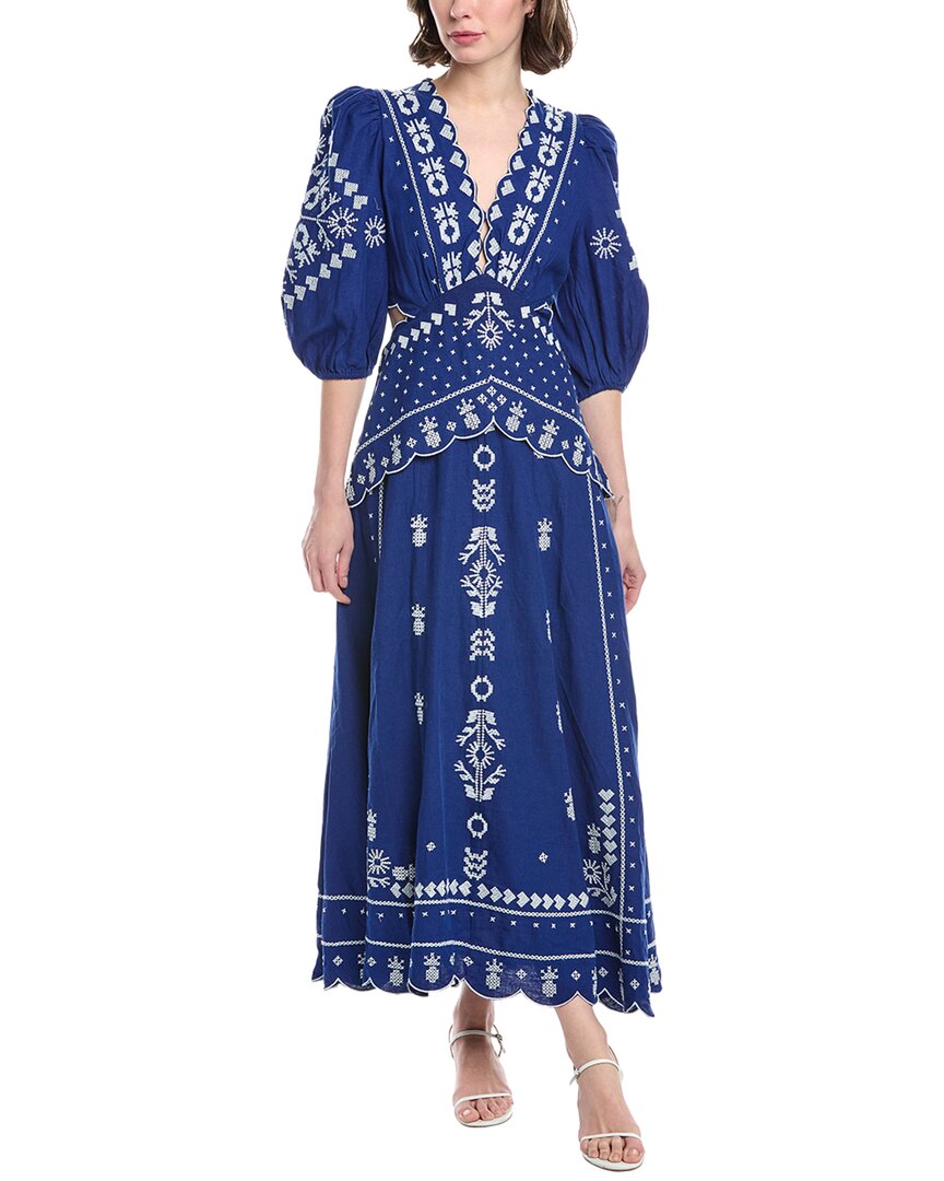 Farm Rio Embroidered Puff-sleeve Cutout Midi Dress In Navy