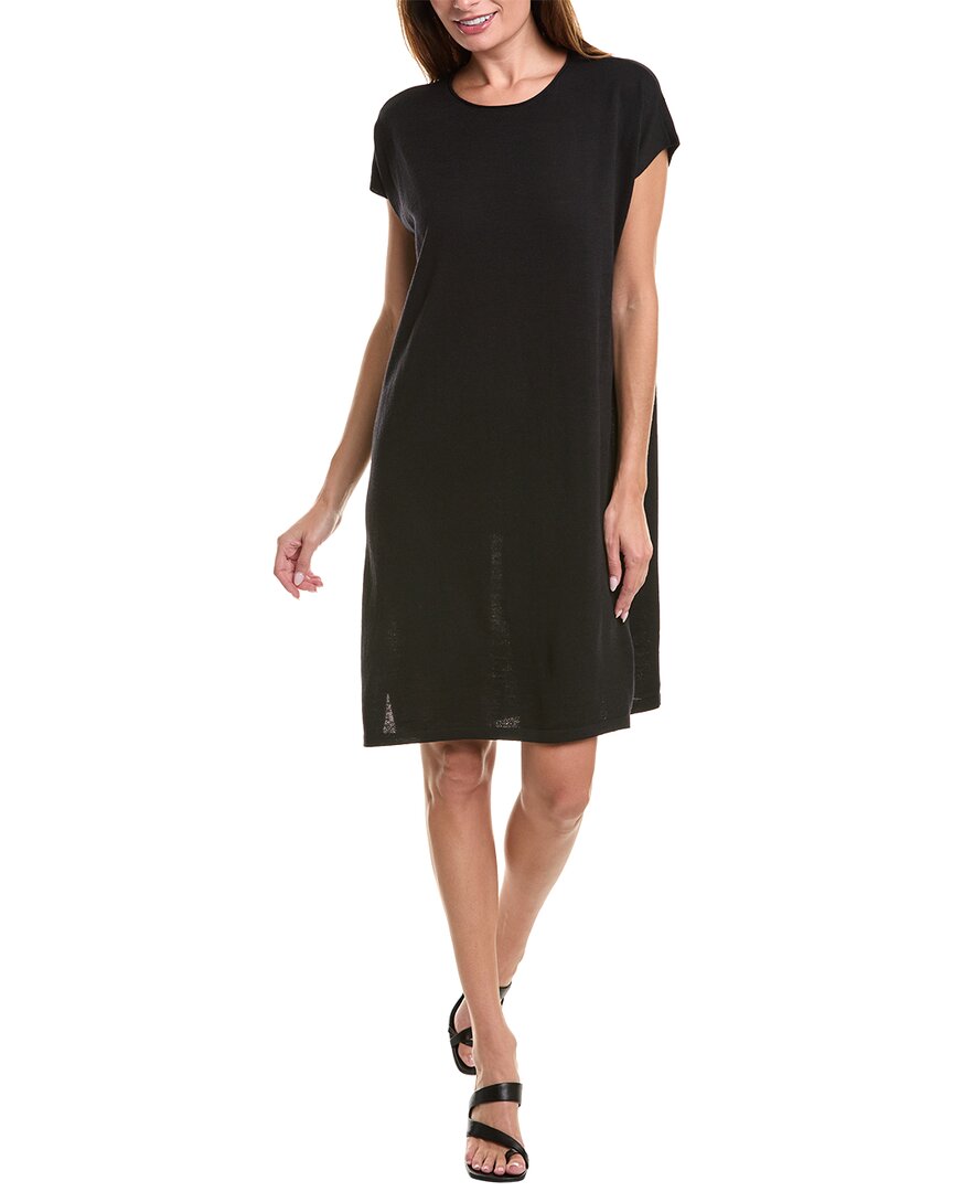 Eileen Fisher Crewneck Wool Shift Dress In Black