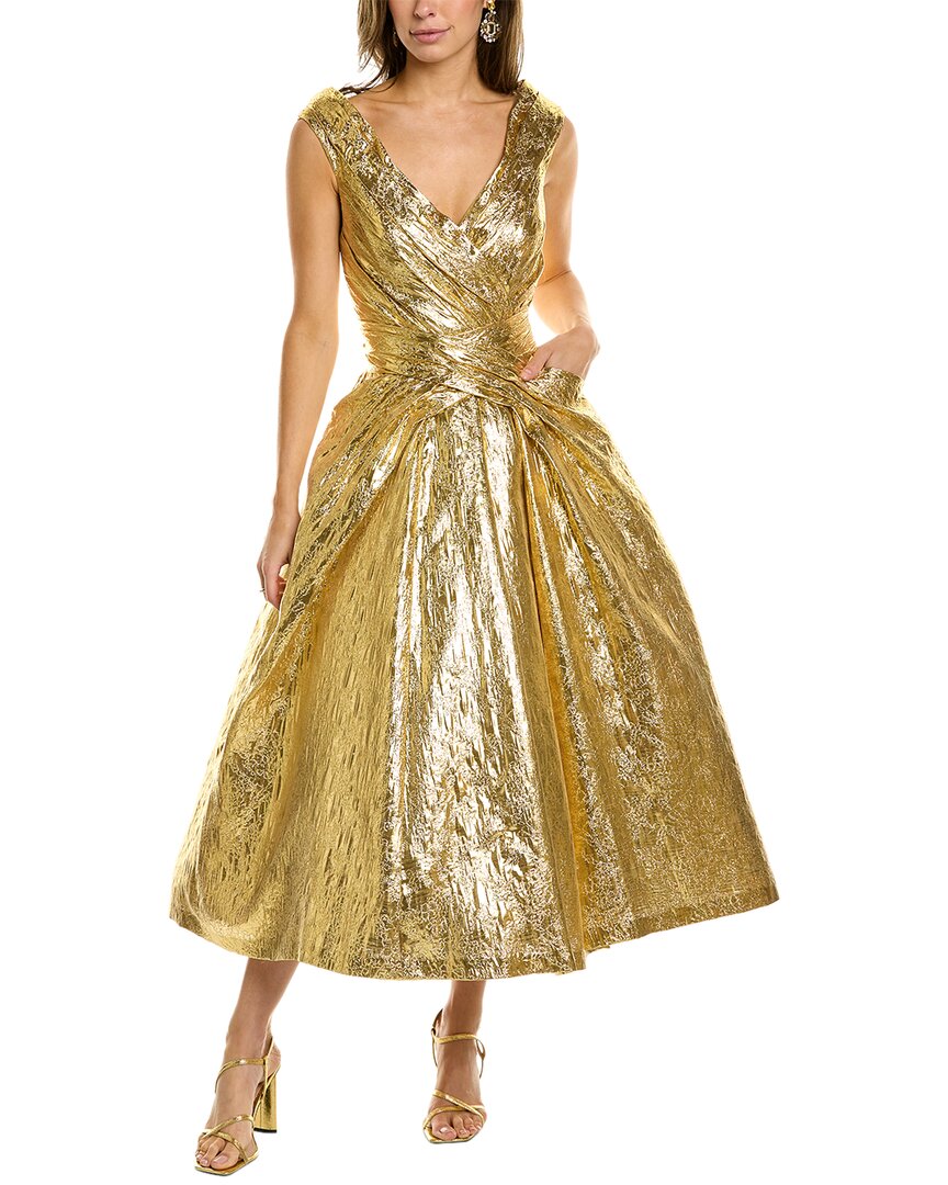 Carolina Herrera V-neck Draped Twist Tea-length Dress In Gold | ModeSens