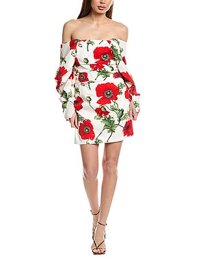 Oscar de la Renta Off-Shoulder Draped Poppies Silk-Lined Mini Dress