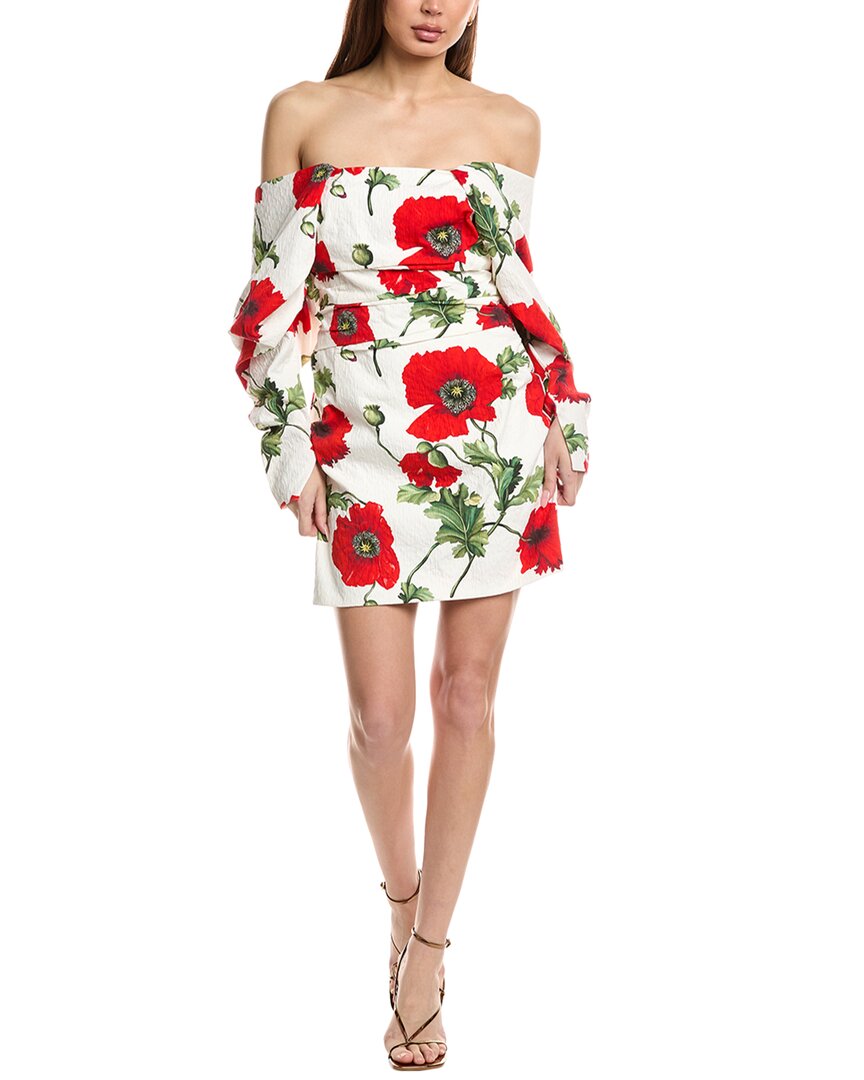 Oscar De La Renta Off-shoulder Draped Poppies Silk-lined Mini Dress In White