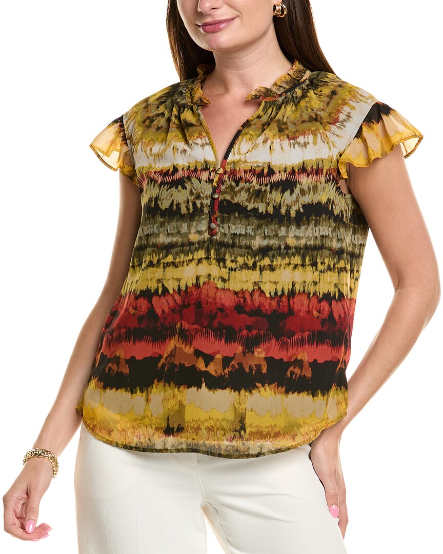 Anne Klein Womens Printed Ruffled Neck Flutter Sleeve Chiffon Top Xxs P Xxl In Yellow