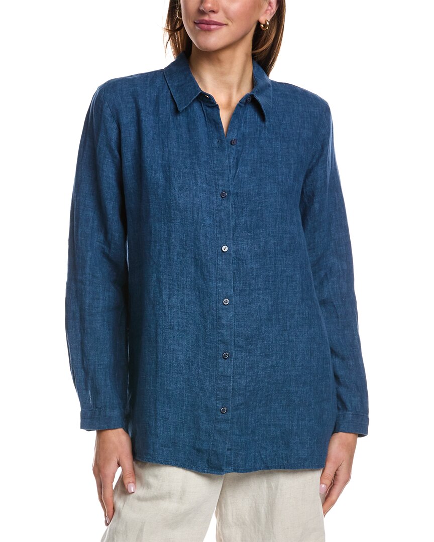 Eileen Fisher Washed Organic Linen Delave Classic Collar Shirt In Blue