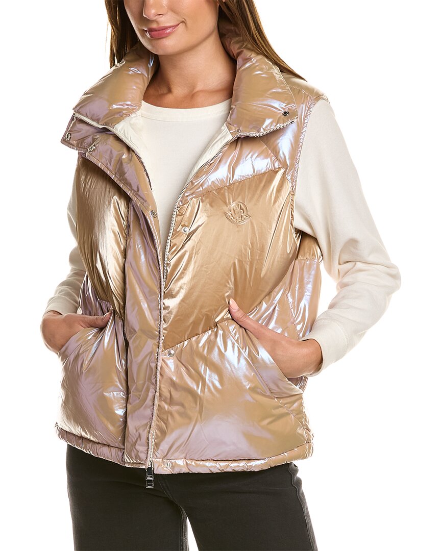Moncler Faucille Quilted Metallic Shell Down Vest In Gold