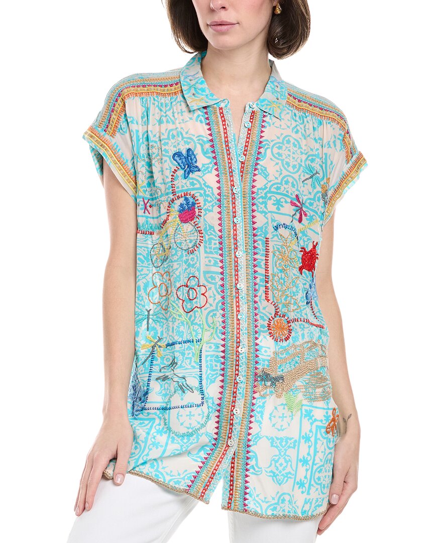 Johnny Was Dionne Button-down Silk Blouse In Blue