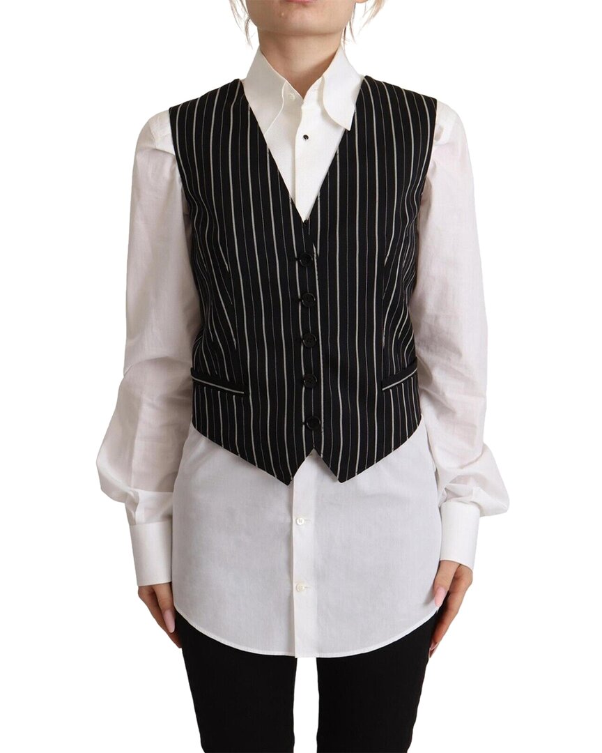 Shop Dolce & Gabbana Black Stripes Wool V-neck Sleevele