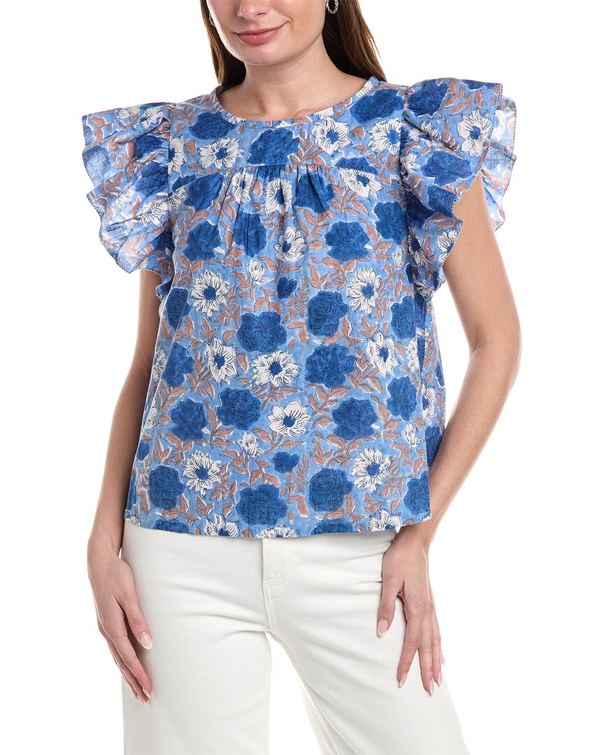 Lilla P Flutter Sleeve Seamed Top In Blue