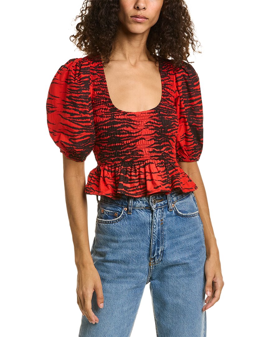 Shop Ganni Cropped Smocked Blouse In Red