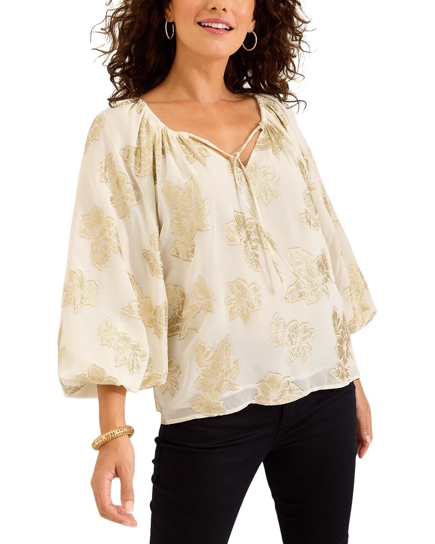 Tommy Bahama Shimmering Shores Metallic Leaf Print Split Neck Top In White