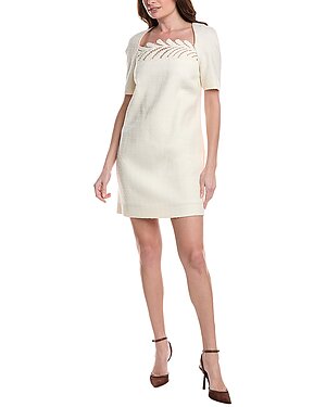 Oscar de la Renta Fern Embroidered Silk-Lined Wool-Blend Shift Dress