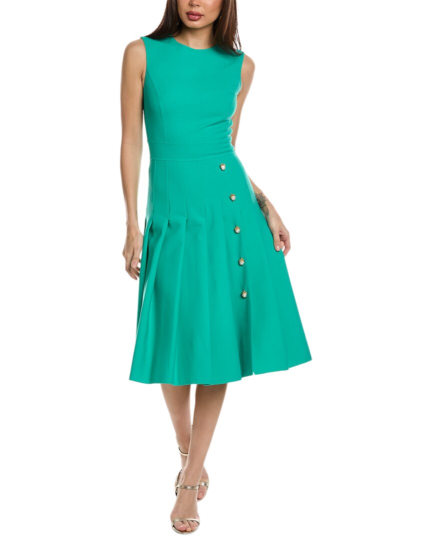 Shop Oscar De La Renta Pleated Wool-blend A-line Dress In Green