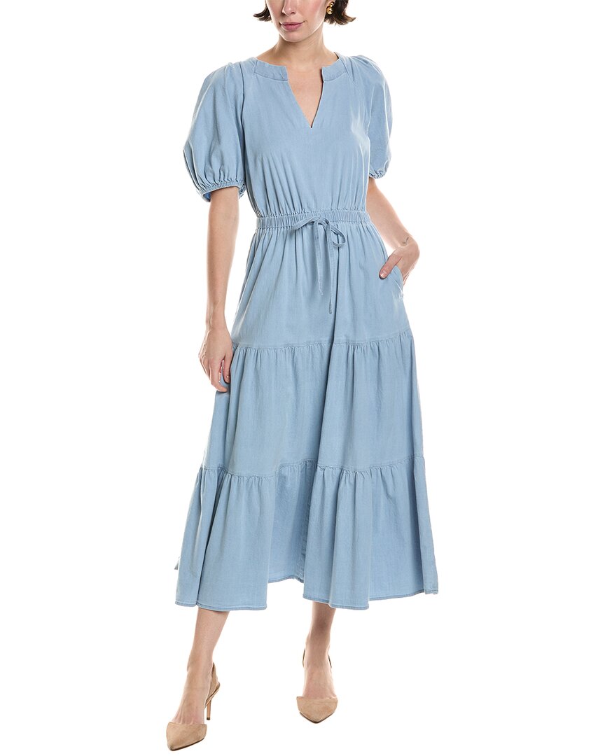 Anne Klein Puff Sleeve Tiered Denim Midi Dress In Blue
