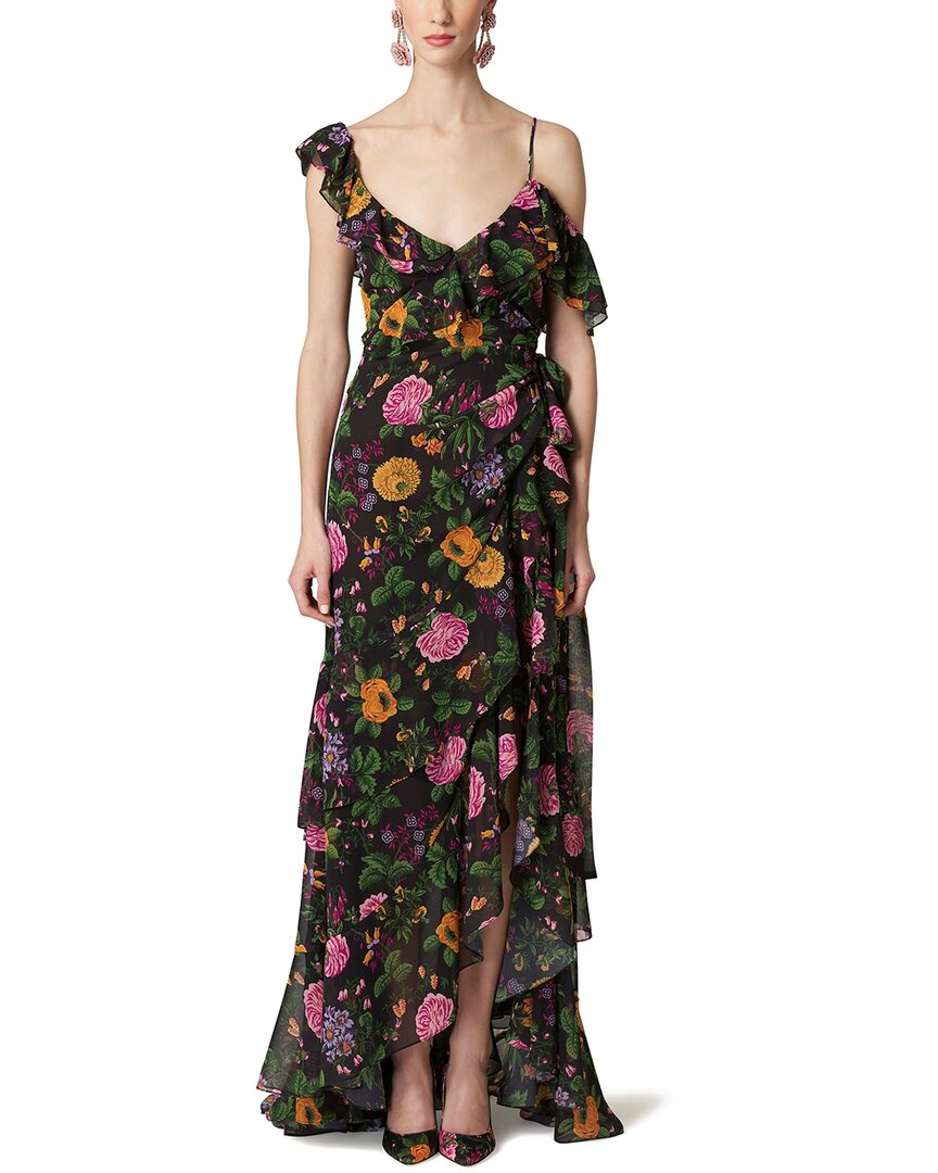 Shop Carolina Herrera One Shoulder Cap Sleeve Ruffle Gown In Black