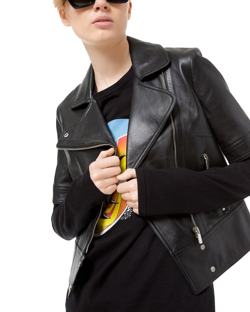 Michael Kors Crinkled Leather Moto Jacket In Black