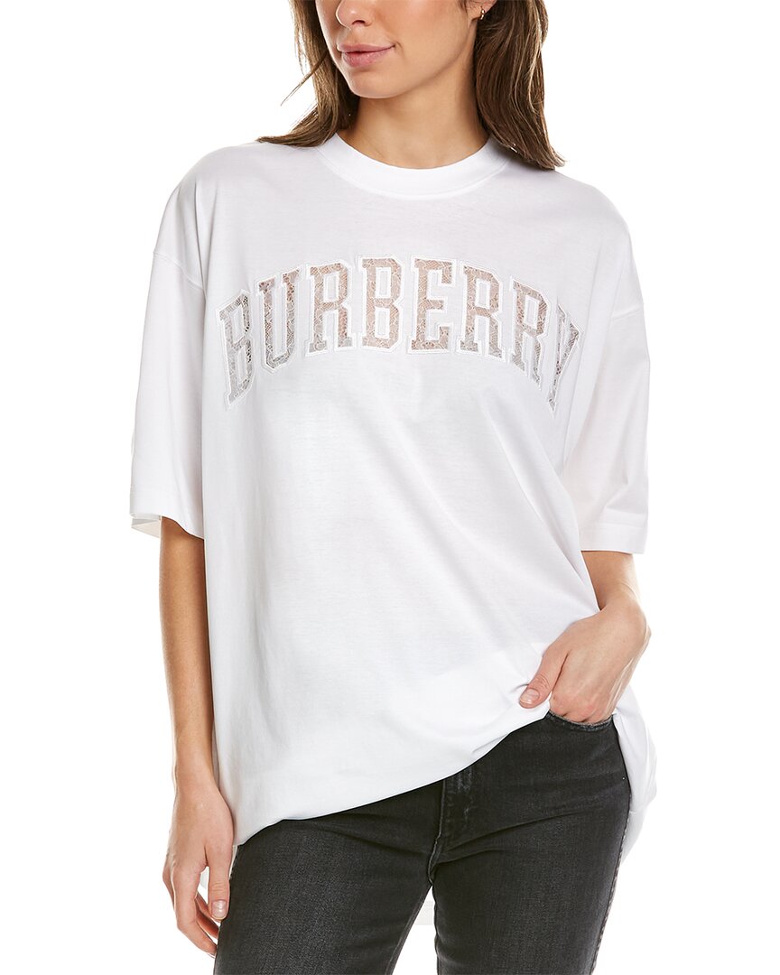 Shop Burberry Lace Logo Oversized T-shirt In White