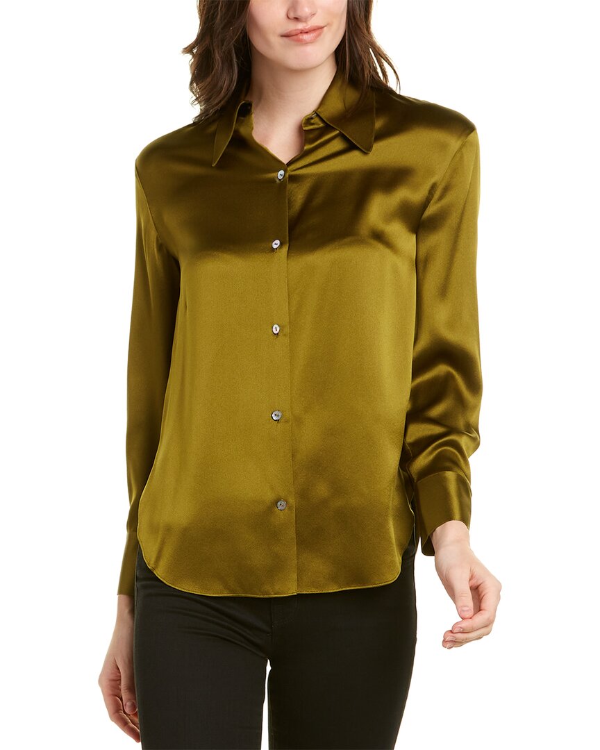 Vince Pointed Collar Silk Blouse Women's Green L | eBay