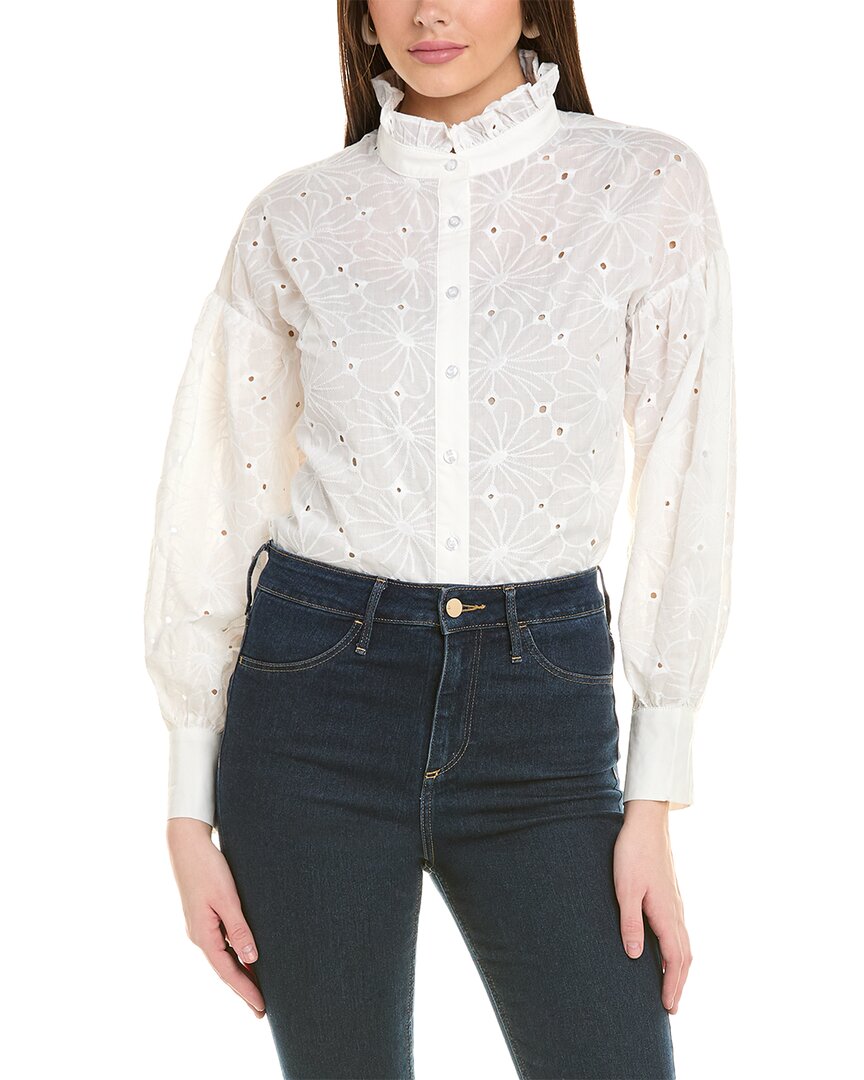 Shop Gracia Floral Embroidered Hick-neck Frill Shirt In White