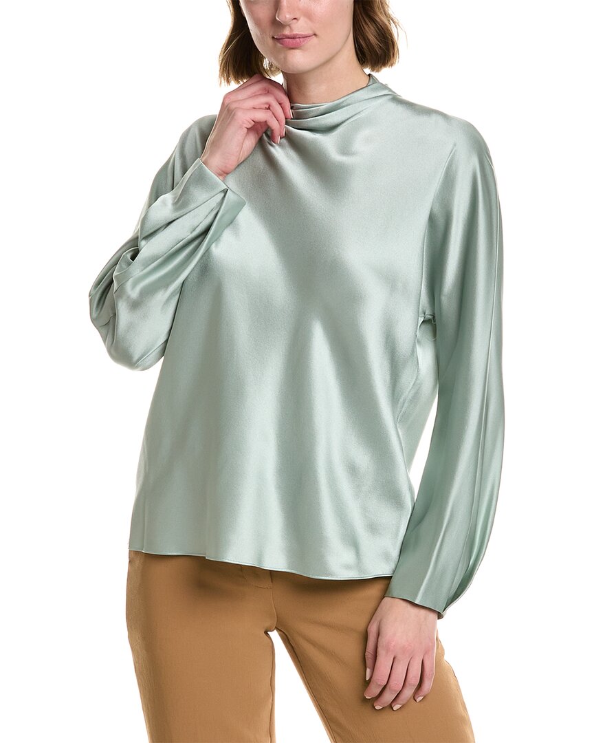 Shop Vince Draped Funnel Neck Silk Blouse In Green