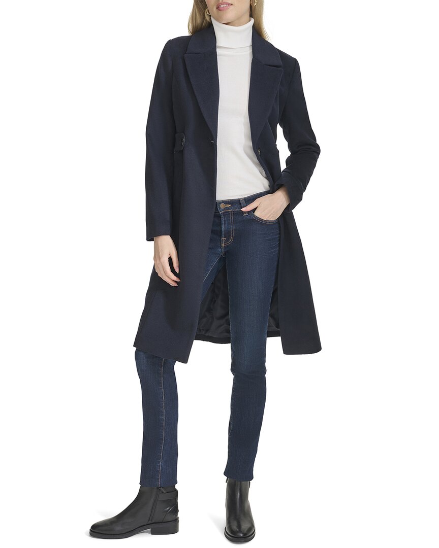 Cole Haan Notch Lapel Slick Wool-blend Coat In Blue