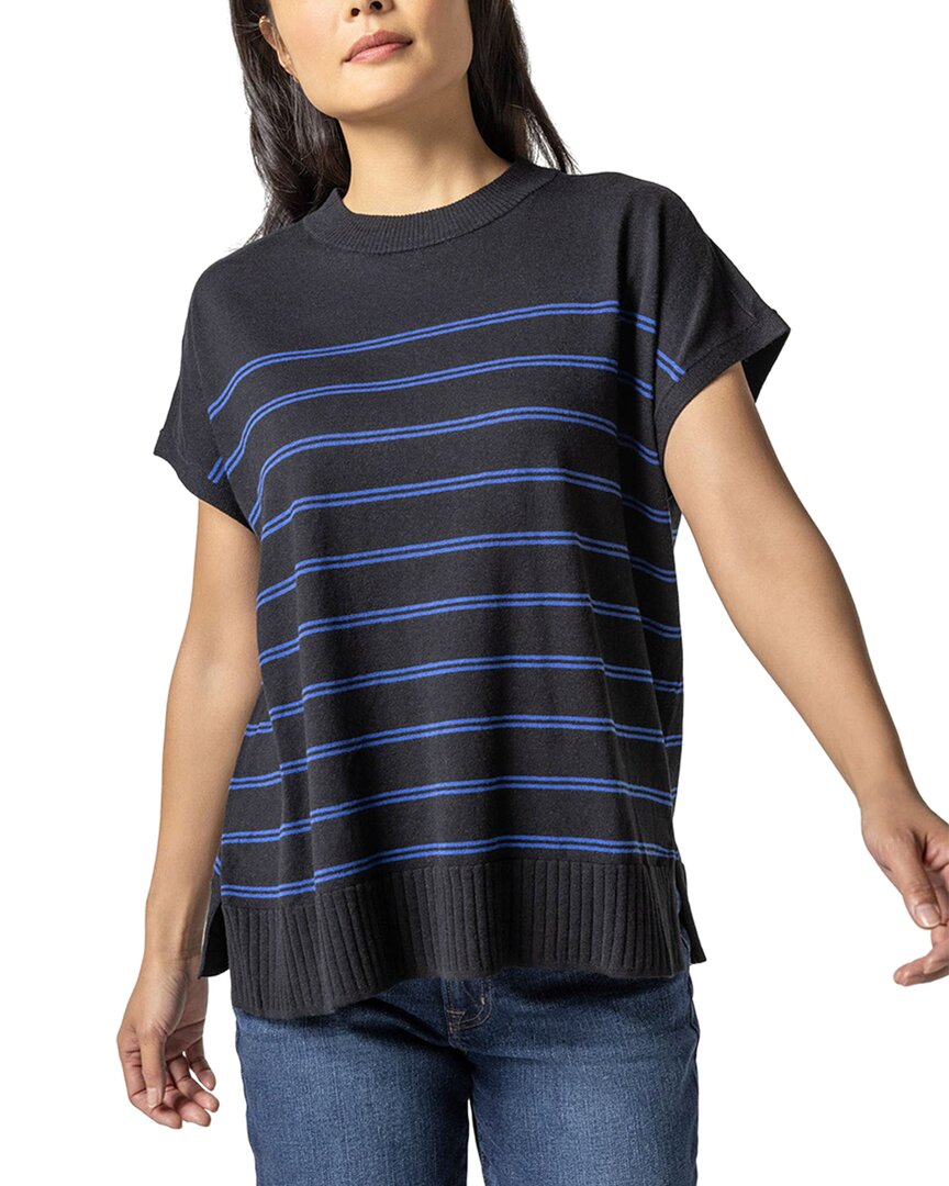 Shop Lilla P Striped Poncho Linen-blend Sweater In Black