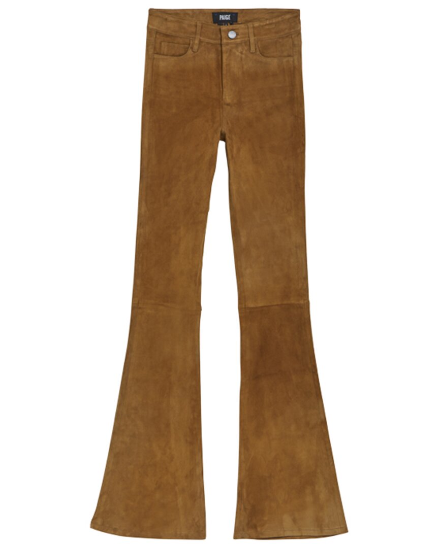 Shop Paige High-rise Suede Bell Flare Jean In Brown