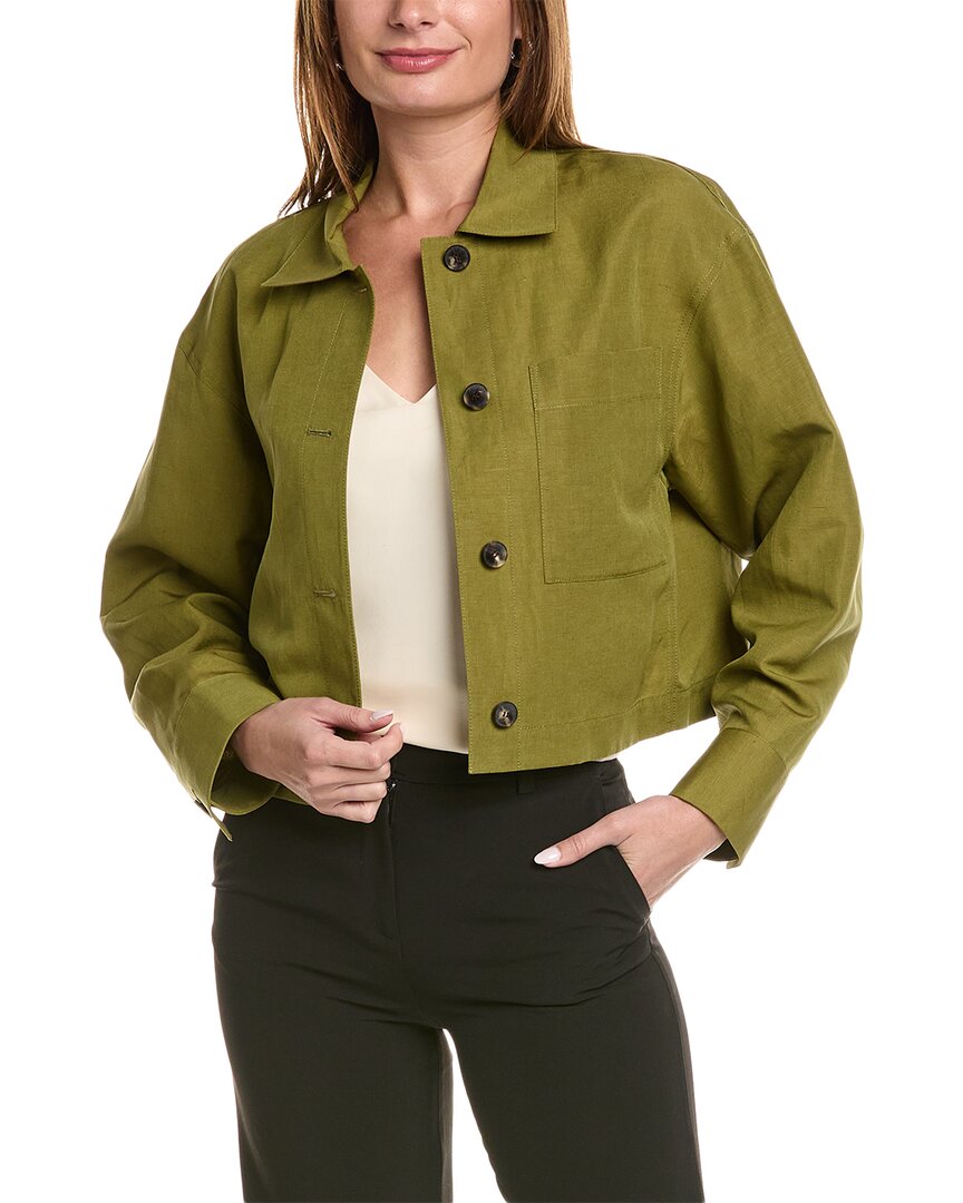 Shop Lafayette 148 New York Cropped Silk & Linen-blend Shirt Jacket In Green