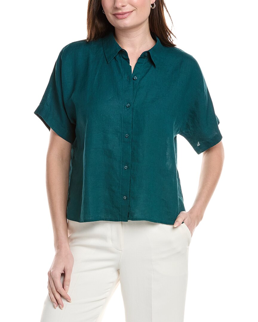 Eileen Fisher Short Sleeve Organic Linen Button-up Shirt In Green