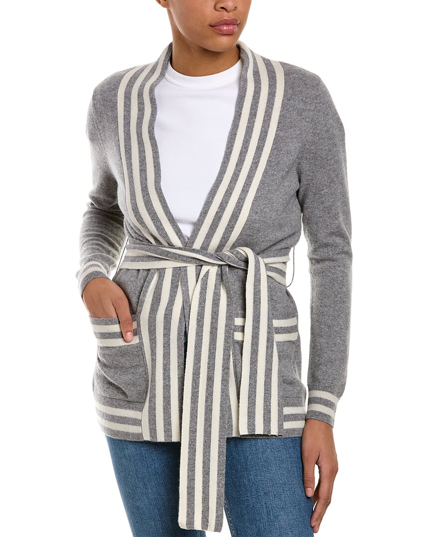Shop Kier + J Striped Belt Cashmere Cardigan In Grey