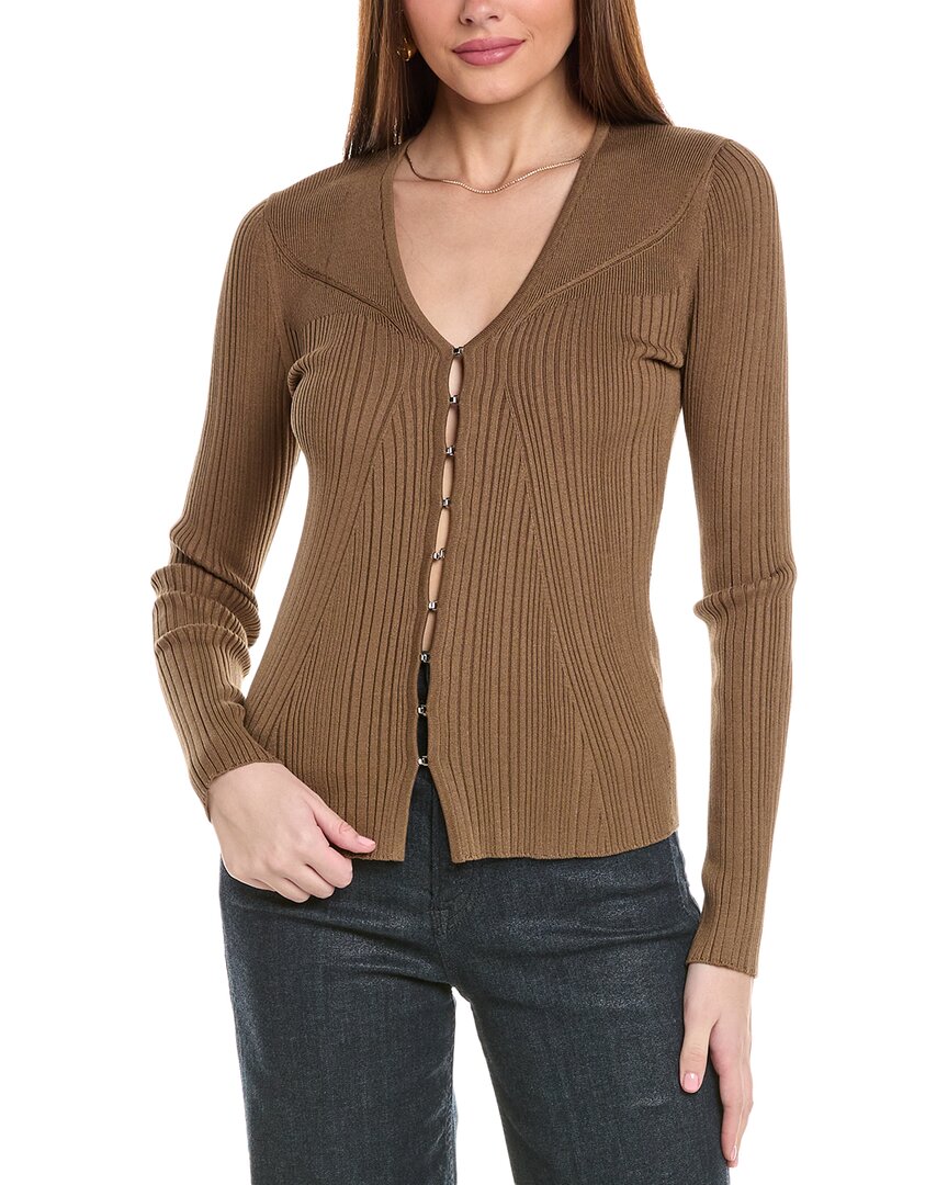 Hugo Boss Ribbed Cardigan In Stretch Fabric With Hook Closures In Brown