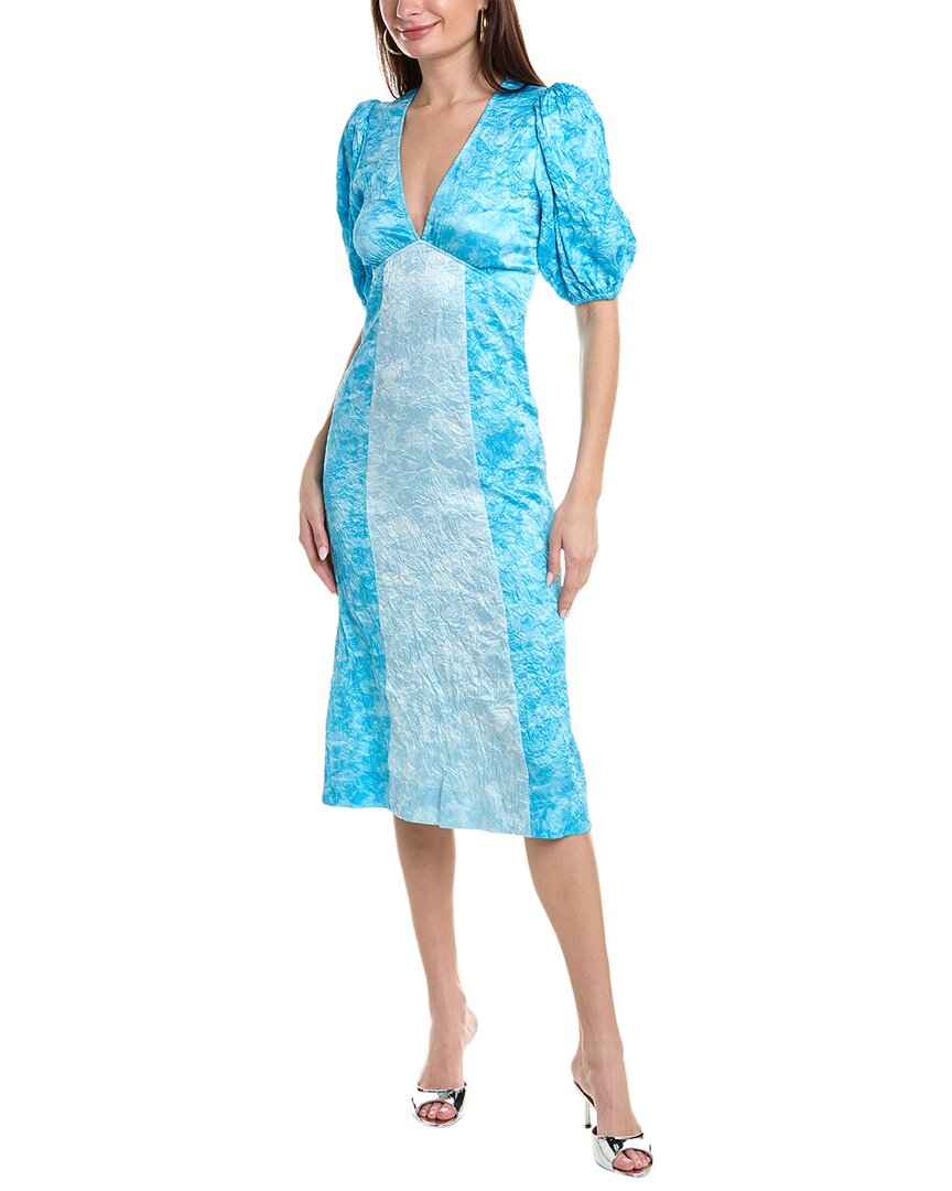 Ganni Short Sleeve Crinkled Satin Midi Dress In Ethereal Blue