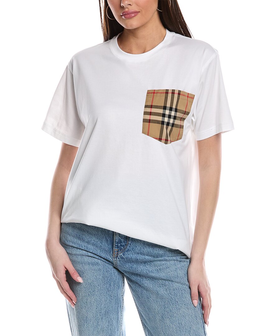 Burberry Women White Jersey Checked Twill-trimmed Cotton-jersey T-shirt Tee Shirt In White