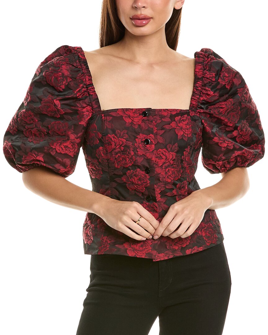 Ganni Botanical-print Short Puff-sleeve Cropped Top In Red