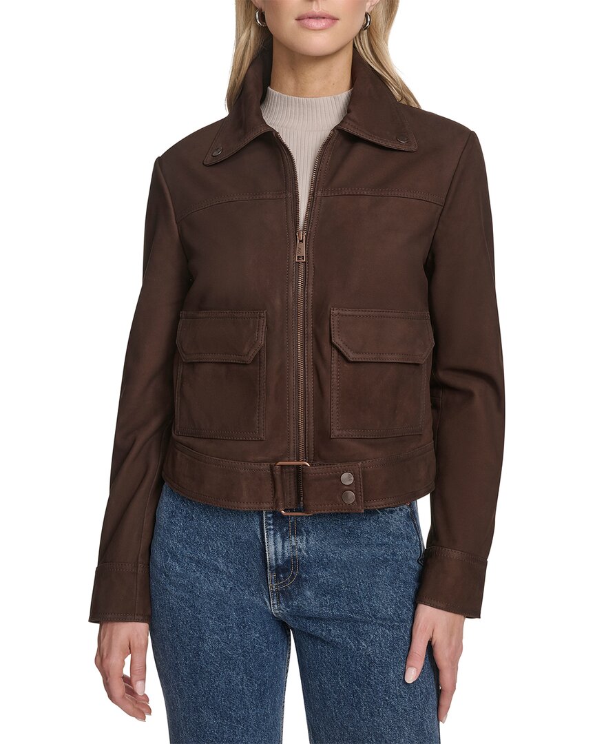 Andrew Marc Leather Trucker Jacket In Brown