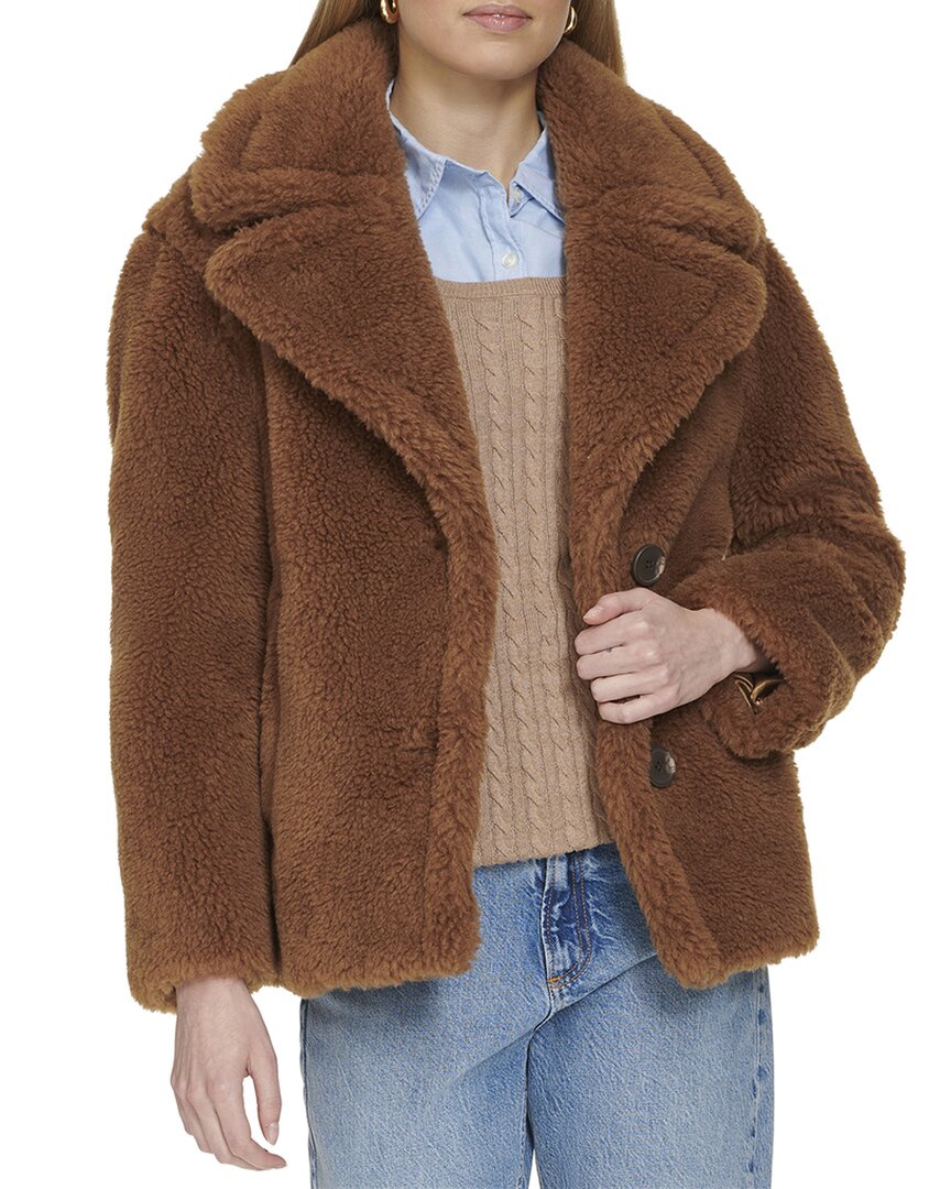 Cole Haan Teddy Wool Blend Faux Fur Jacket In Brown