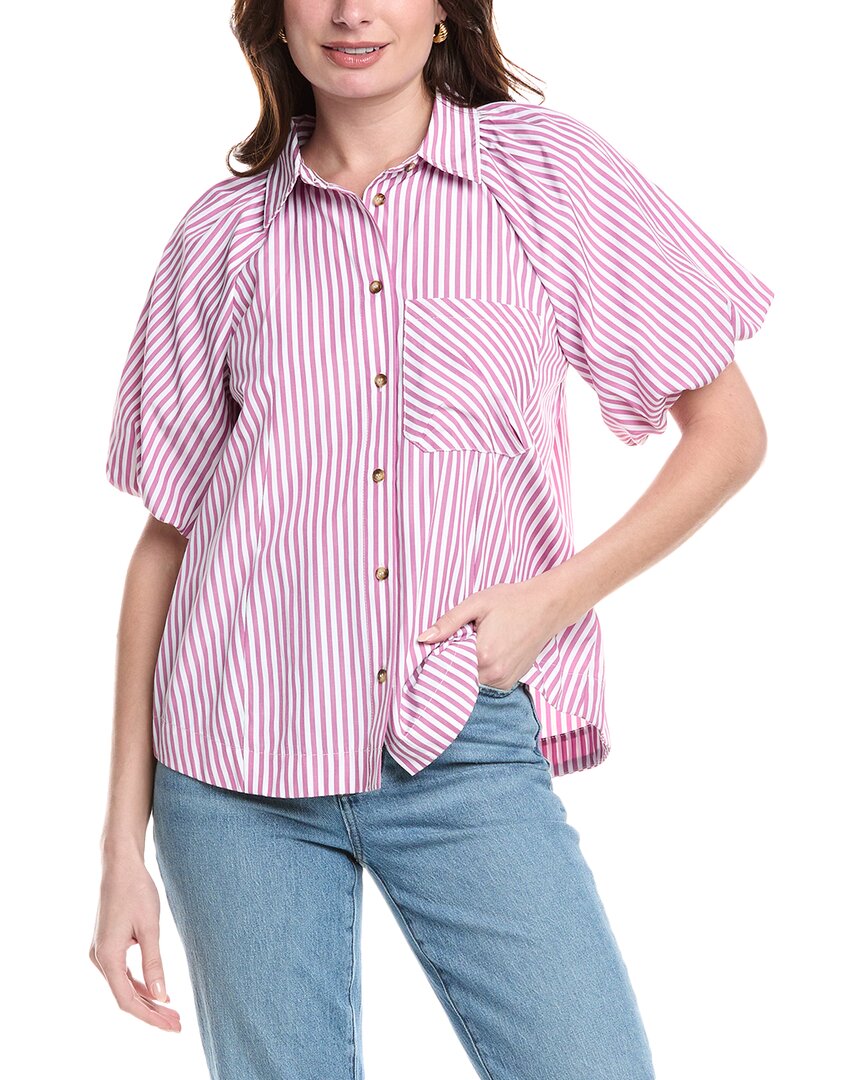 Shop Fate Stripe Puff Sleeve Button-down Shirt In White