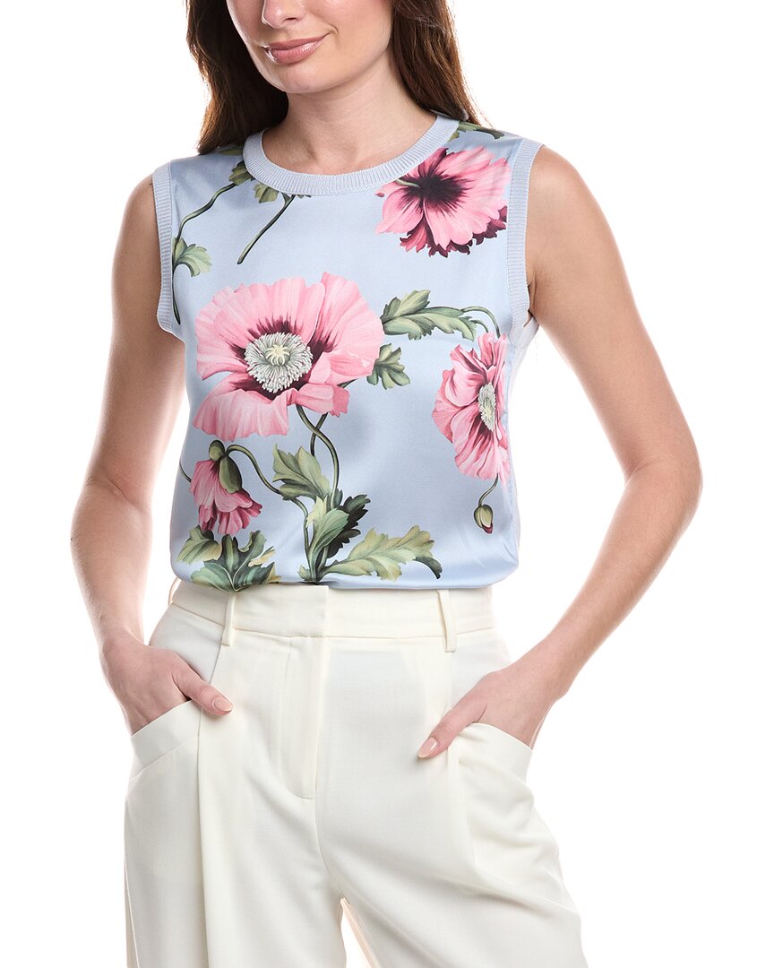 Shop Oscar De La Renta Poppies Silk-blend Twill Inset Tank In Blue