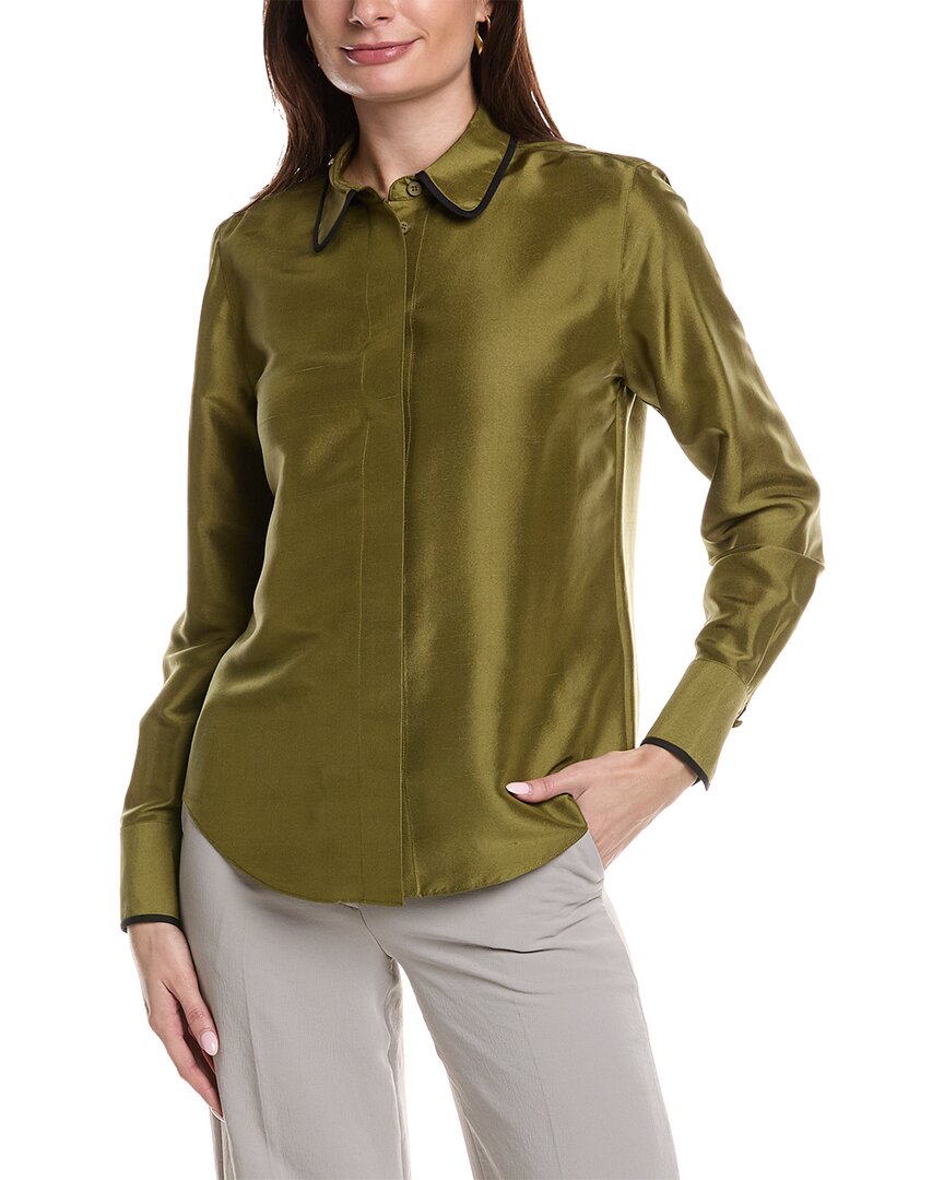 Pre-owned Lafayette 148 York Covered Placket Silk Blouse Women's In Green