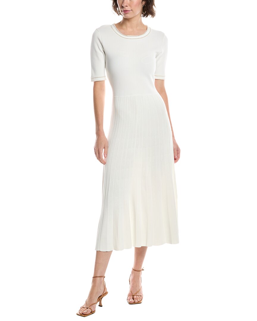 Elie Tahari The Robin Pleated Bead-trim Midi Sweater Dress In White