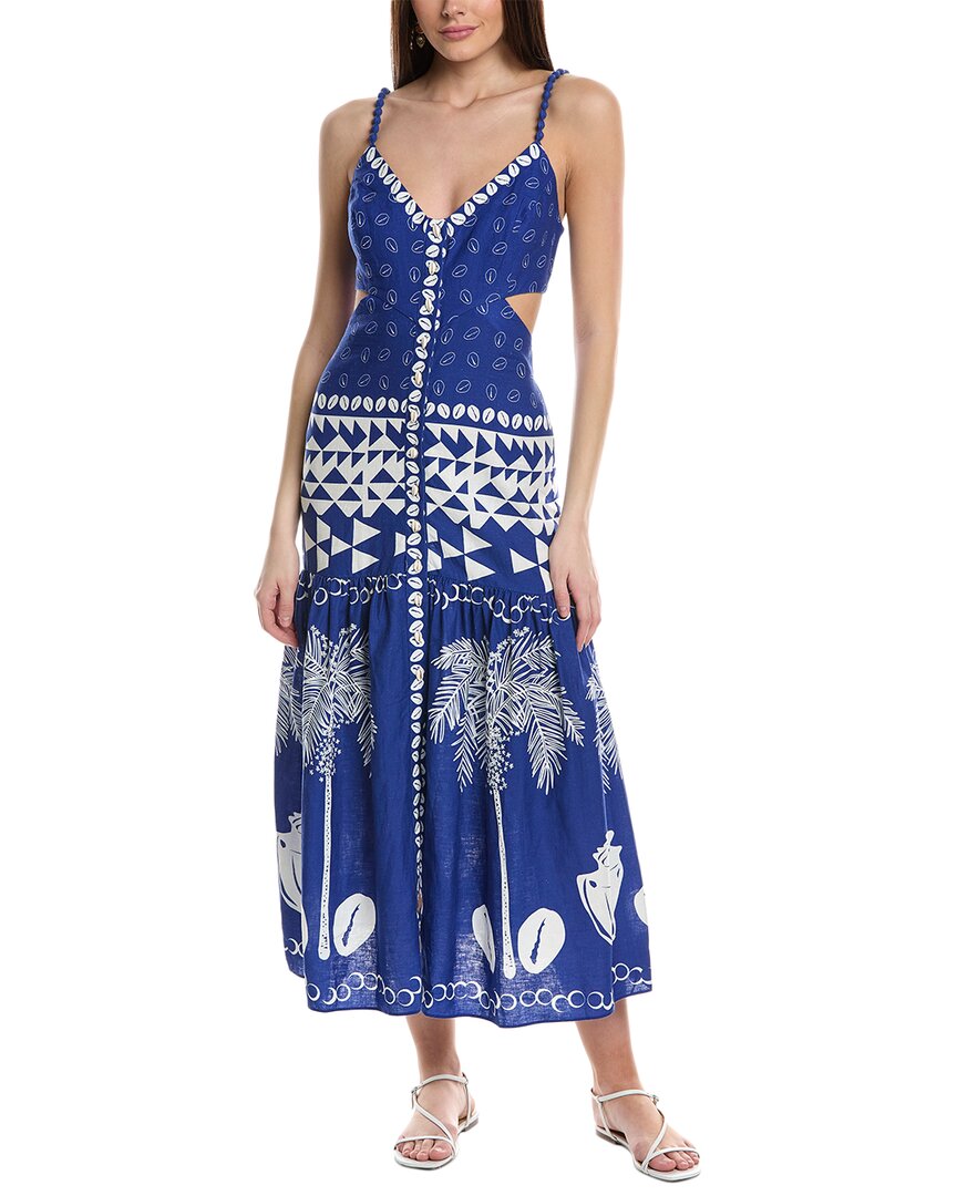 FARM RIO FARM RIO MIXED ONDINA BLUE LINEN-BLEND MIDI DRESS