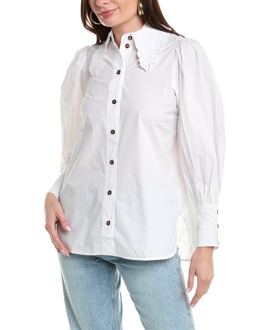 Shop Ganni Poplin Long Collar Puff Sleeve Shirt In White
