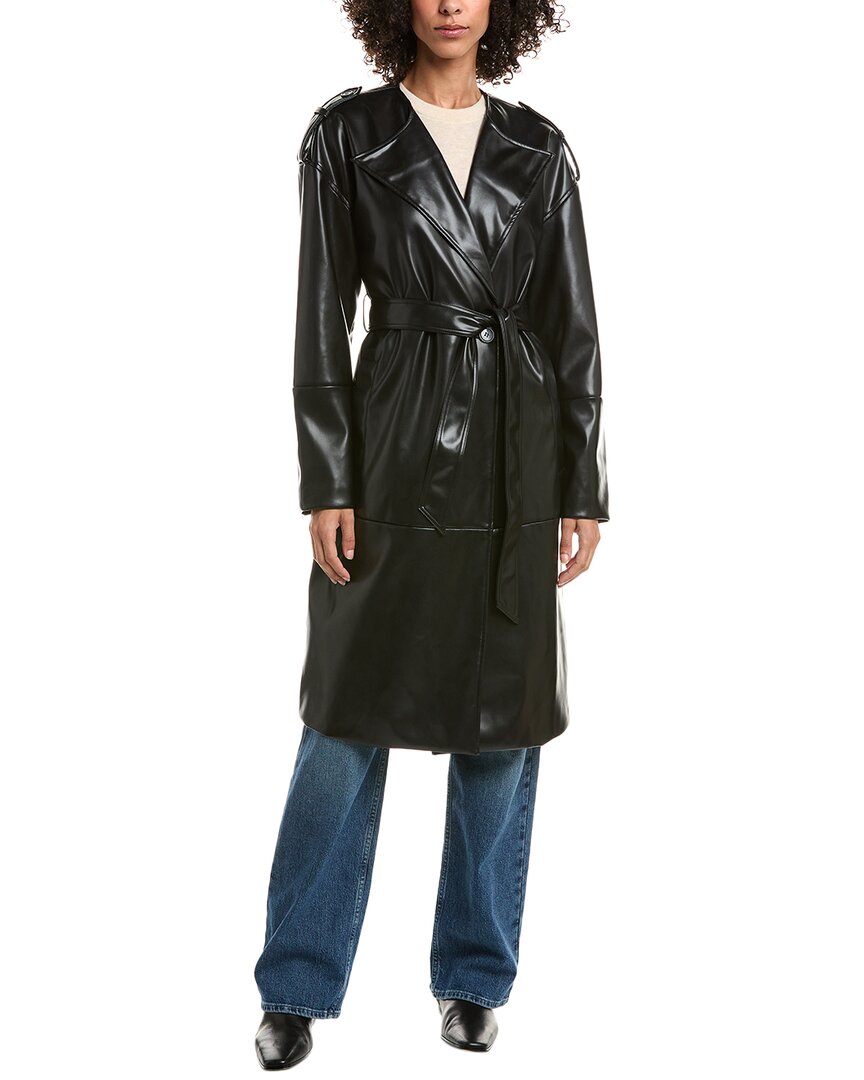 Nvlt Belted Faux Leather Trench Coat In Black