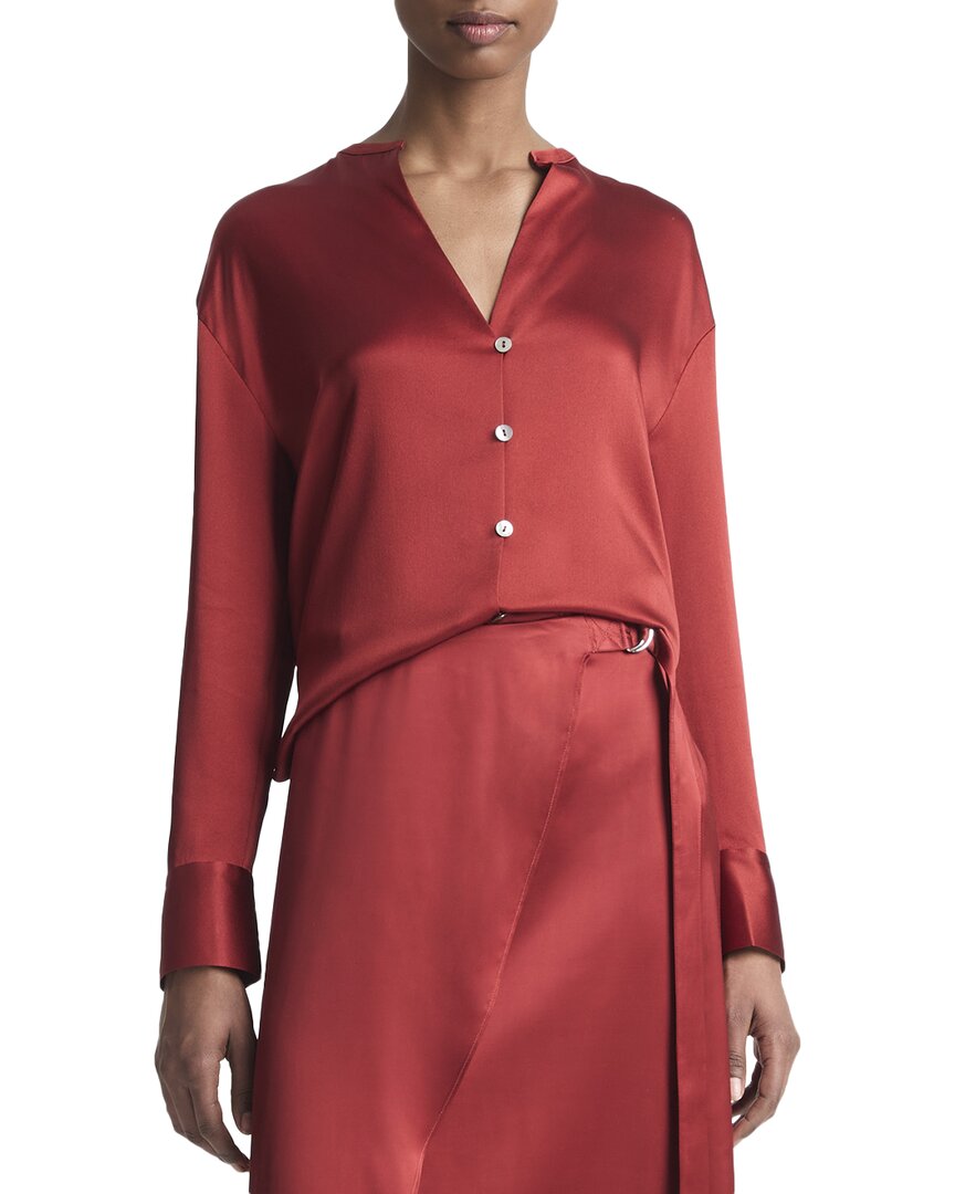 Vince Band Collar Silk Blouse In Red
