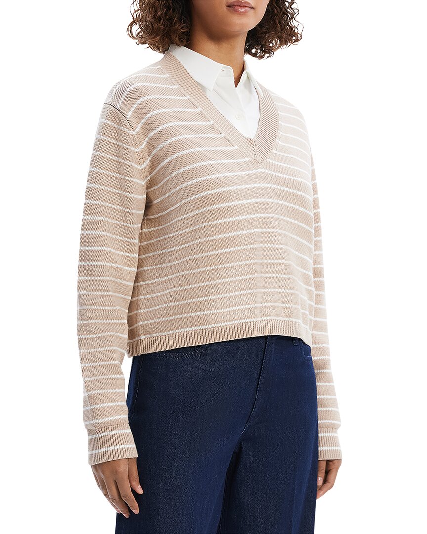Theory Waverly Stripe Cotton V-neck Crop Sweater In Brown