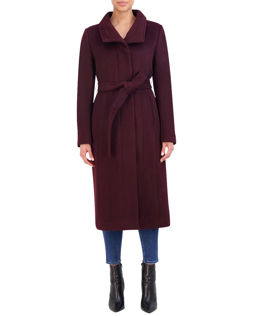 Cole Haan Slick Wool-blend Belted Coat In Burgundy